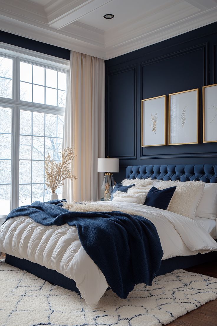 Navy Blue & Soft White – Bold, Fresh, and Classic bedroom